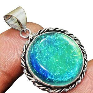 Dicoric Glass Gemstone Ethnic Pendant 2.25" & 925 Silver Box chain Necklace
